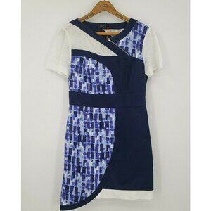 New Lattori Dress Womens Medium Blue White Mesh Short Sleeve Asymmetrical